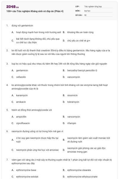 100+ câu Trắc nghiệm Kháng sinh có đáp án (Phần 4)