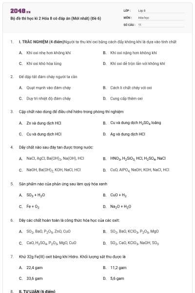 Bộ đề thi học kì 2 Hóa 8 có đáp án (Mới nhất) (Đề 6)