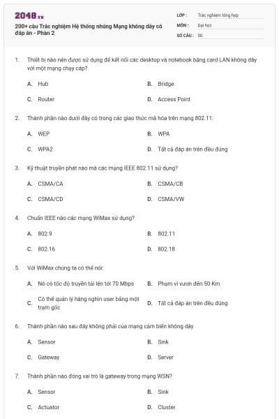 200+ câu Trắc nghiệm Hệ thống nhúng Mạng không dây có đáp án - Phần 2