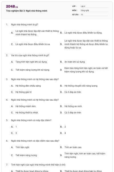 Trắc nghiệm Bài 3: Ngôi nhà thông minh