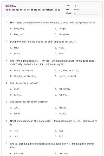 Đề thi Hóa học 11 Học kì 1 có đáp án (Trắc nghiệm - Đề 2)