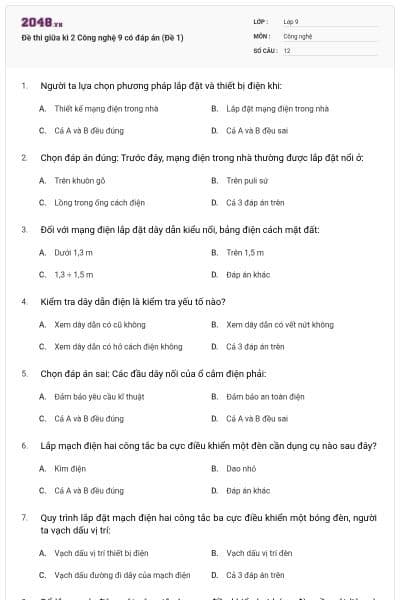 Đề thi giữa kì 2 Công nghệ 9 có đáp án (Đề 1)
