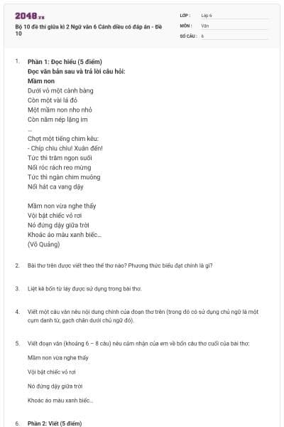 Bộ 10 đề thi giữa kì 2 Ngữ văn 6 Cánh diều có đáp án - Đề 10