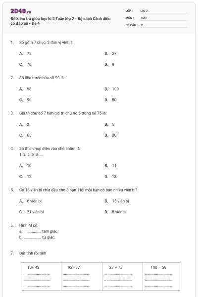 Đề kiểm tra giữa học kì 2 Toán lớp 2 - Bộ sách Cánh diều có đáp án - Đề 4