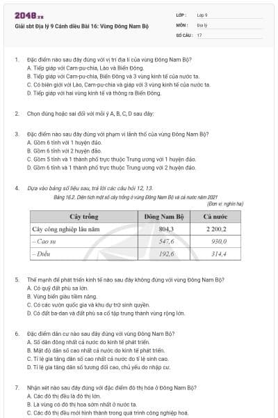 Giải sbt Địa lý 9 Cánh diều Bài 16: Vùng Đông Nam Bộ