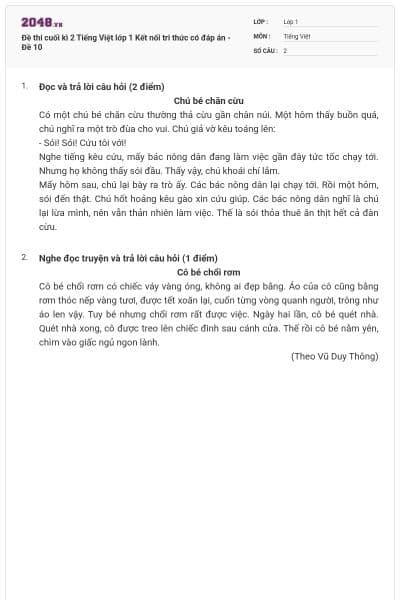 Đề thi cuối kì 2 Tiếng Việt lớp 1 Kết nối tri thức có đáp án - Đề 10