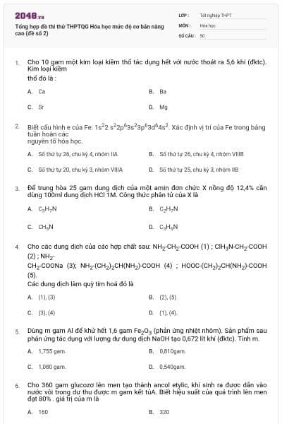 Tổng hợp đề thi thử THPTQG Hóa học mức độ cơ bản nâng cao (đề số 2)