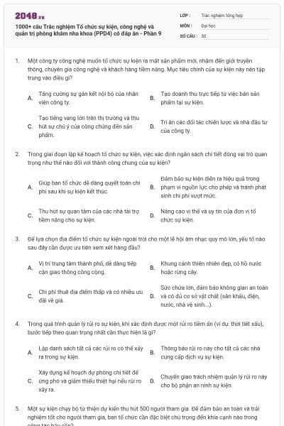 1000+ câu Trắc nghiệm Tổ chức sự kiện, công nghệ và quản trị phòng khám nha khoa (PPD4) có đáp án - Phần 9