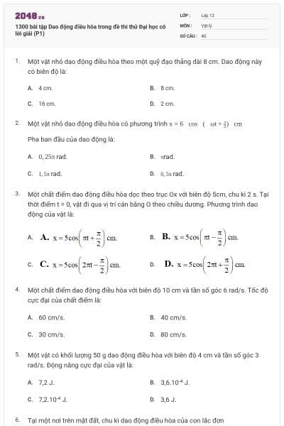 1300 bài tập Dao động điều hòa trong đề thi thử Đại học có lời giải (P1)