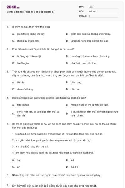 Đề thi Sinh học 7 học kì 2 có đáp án (Đề 5)
