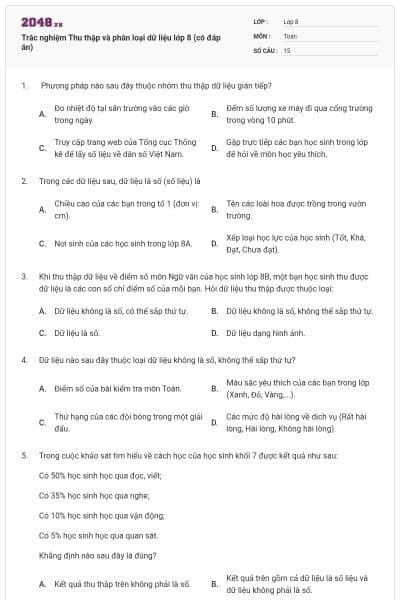 Trắc nghiệm Thu thập và phân loại dữ liệu lớp 8 (có đáp án)