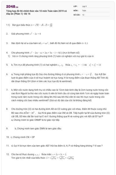 Tổng hợp đề thi chính thức vào 10 môn Toán năm 2019 có đáp án (Phần 1)- Đề 16