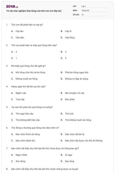 16 câu trắc nghiệm Quả hồng của thỏ con (có đáp án)