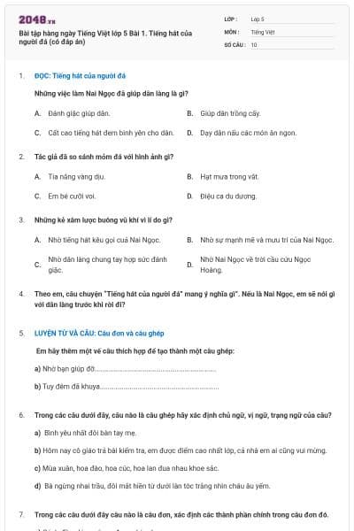 Bài tập hàng ngày Tiếng Việt lớp 5 Bài 1. Tiếng hát của người đá (có đáp án)