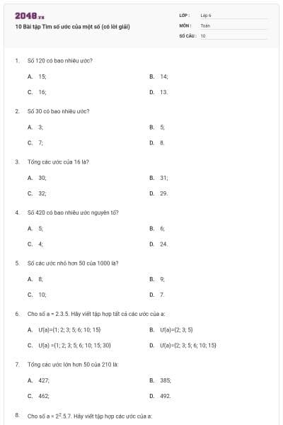 10 Bài tập Tìm số ước của một số (có lời giải)