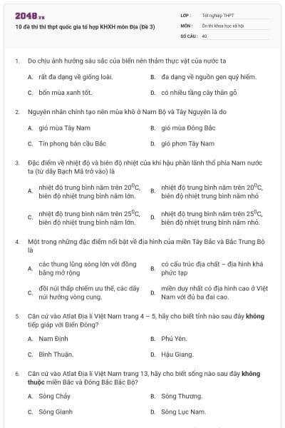10 đề thi thi thpt quốc gia tổ hợp KHXH môn Địa (Đề 3)