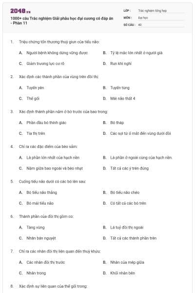 1000+ câu Trắc nghiệm Giải phẫu học đại cương có đáp án - Phần 11