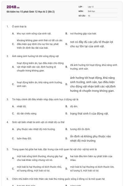 Đề kiểm tra 15 phút Sinh 12 Học kì 2 (Đề 2)