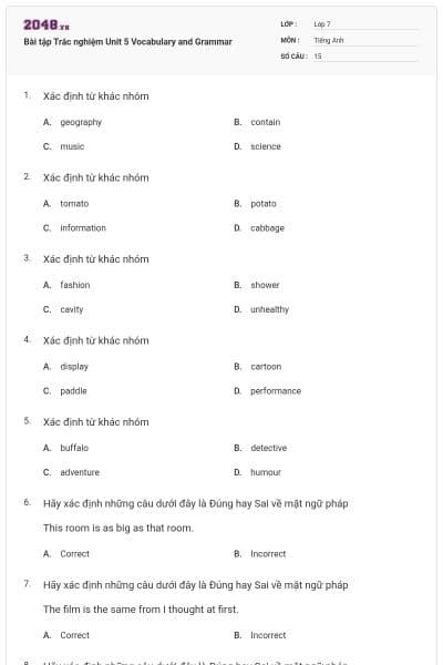 Bài tập Trắc nghiệm Unit 5 Vocabulary and Grammar
