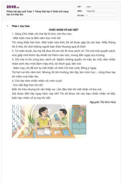 Phiếu bài tập cuối Tuần 1 Tiếng Việt lớp 3 Chân trời sáng tạo (có đáp án)