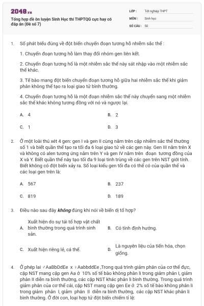 Tổng hợp đề ôn luyện Sinh Học thi THPTQG cực hay có đáp án (Đề số 7)