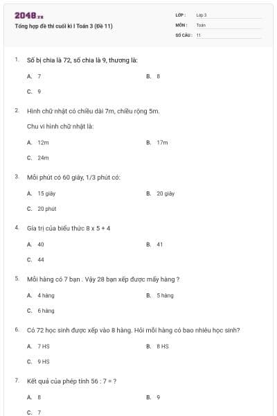 Tổng hợp đề thi cuối kì I Toán 3 (Đề 11)