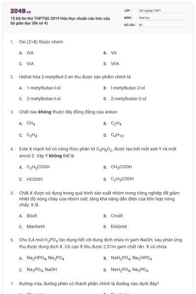 15 Đề thi thử THPTQG 2019 Hóa Học chuẩn cấu trúc của bộ giáo dục (Đề số 4)