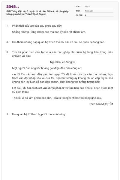 Giải Tiếng Việt lớp 5 Luyện từ và câu: Nối các vế câu ghép bằng quan hệ từ (Tuần 23) có đáp án