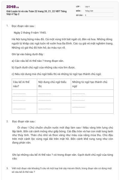 Giải Luyện từ và câu Tuần 22 trang 20, 21, 22 VBT Tiếng Việt 4 Tập 2