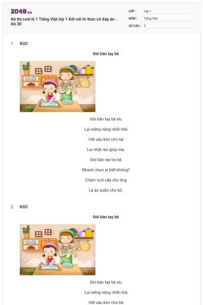Đề thi cuối kì 1 Tiếng Việt lớp 1 Kết nối tri thức có đáp án - Đề 30