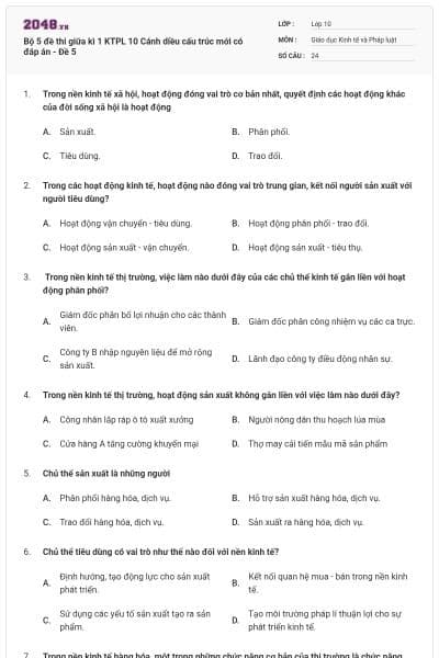 Bộ 5 đề thi giữa kì 1 KTPL 10 Cánh diều cấu trúc mới có đáp án - Đề 5