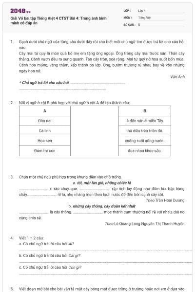 Giải Vở bài tập Tiếng Việt 4 CTST  Bài 4: Trong ánh bình minh có đáp án