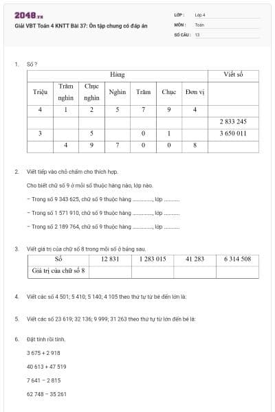 Giải VBT Toán 4 KNTT Bài 37: Ôn tập chung có đáp án