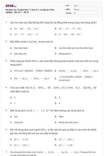 Đề kiểm tra 15 phút Hóa 11 Học kì 1 có đáp án (Trắc nghiệm - Bài số 1 - Đề 3)