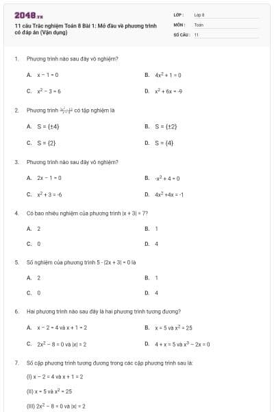 11 câu Trắc nghiệm Toán 8 Bài 1: Mở đầu về phương trình có đáp án (Vận dụng)