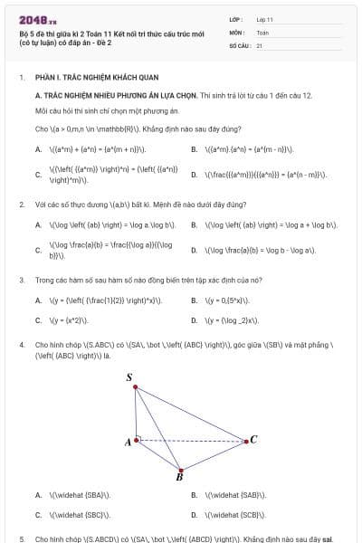 Bộ 5 đề thi giữa kì 2 Toán 11 Kết nối tri thức cấu trúc mới (có tự luận) có đáp án - Đề 2