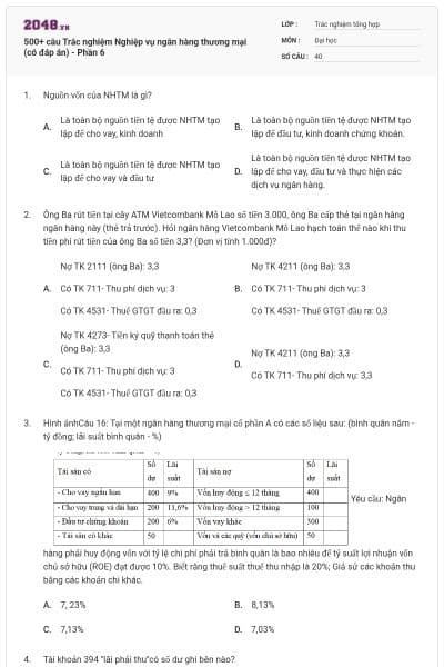500+ câu Trắc nghiệm Nghiệp vụ ngân hàng thương mại (có đáp án) - Phần 6