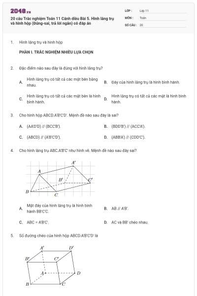 20 câu Trắc nghiệm Toán 11 Cánh diều Bài 5. Hình lăng trụ và hình hộp (Đúng-sai, trả lời ngắn) có đáp án