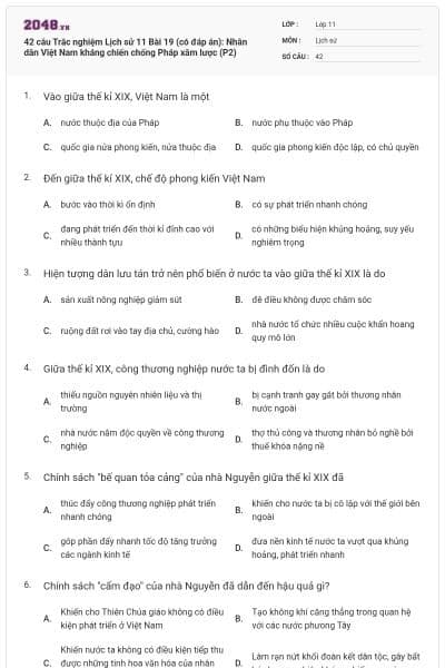 42 câu  Trắc nghiệm Lịch sử 11 Bài 19 (có đáp án): Nhân dân Việt Nam kháng chiến chống Pháp xâm lược (P2)