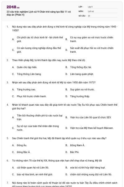23 câu trắc nghiệm Lịch sử 9 Chân trời sáng tạo Bài 11 có đáp án (Phần 4)