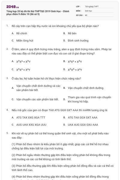 Tổng hợp 20 bộ đề thi thử THPTQG 2019 Sinh Học - Chinh phục điểm 9 điểm 10 (Đề số 5)