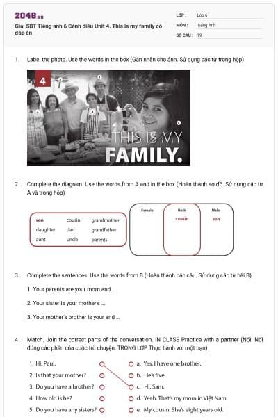 Giải SBT Tiếng anh 6 Cánh diều Unit 4. This is my family có đáp án