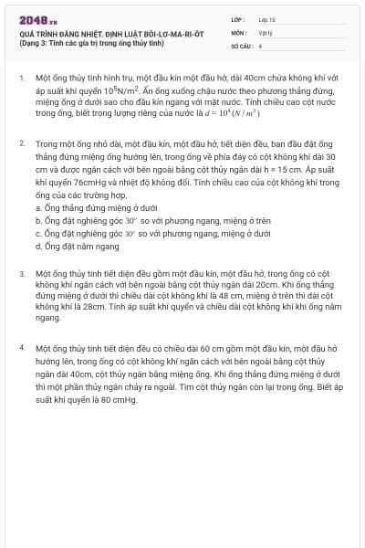QUÁ TRÌNH ĐẲNG NHIỆT. ĐỊNH LUẬT BÔI-LƠ-MA-RI-ÔT (Dạng 3: Tính các gía trị trong ống thủy tinh)