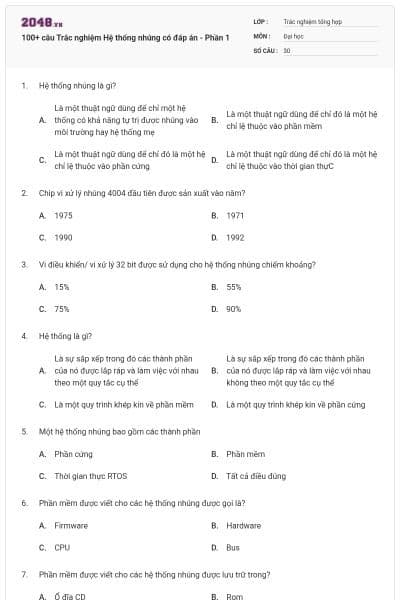 100+ câu Trắc nghiệm Hệ thống nhúng có đáp án - Phần 1