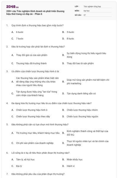 200+ câu Trắc nghiệm Kinh doanh và phát triển thương hiệu thời trang có đáp án - Phần 6