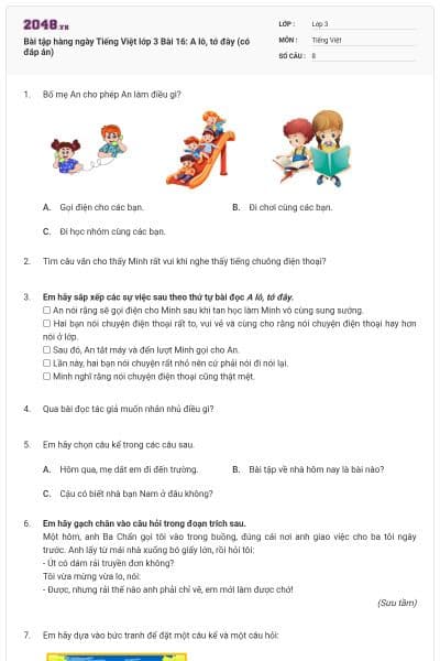 Bài tập hàng ngày Tiếng Việt lớp 3 Bài 16: A lô, tớ đây (có đáp án)