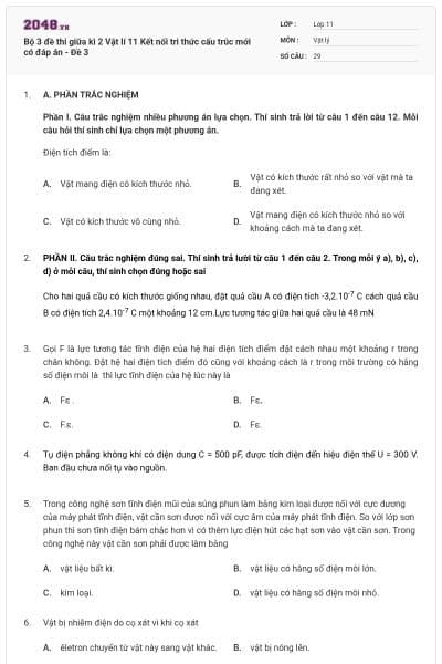 Bộ 3 đề thi giữa kì 2 Vật lí 11 Kết nối tri thức cấu trúc mới có đáp án - Đề 3