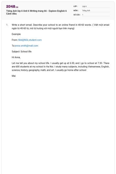 Tiếng Anh lớp 6 Unit 6 Writing trang 66 - Explore English 6 Cánh diều