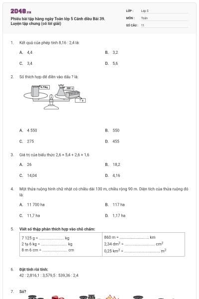 Phiếu bài tập hàng ngày Toán lớp 5 Cánh diều Bài 39. Luyện tập chung (có lời giải)