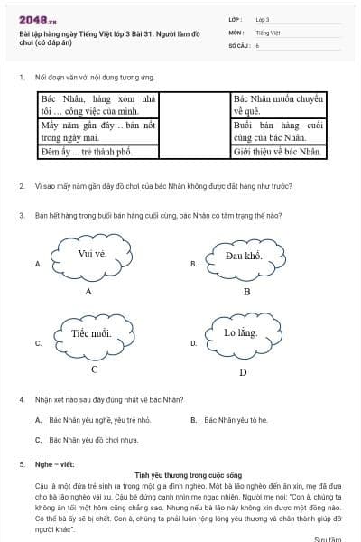 Bài tập hàng ngày Tiếng Việt lớp 3 Bài 31. Người làm đồ chơi (có đáp án)